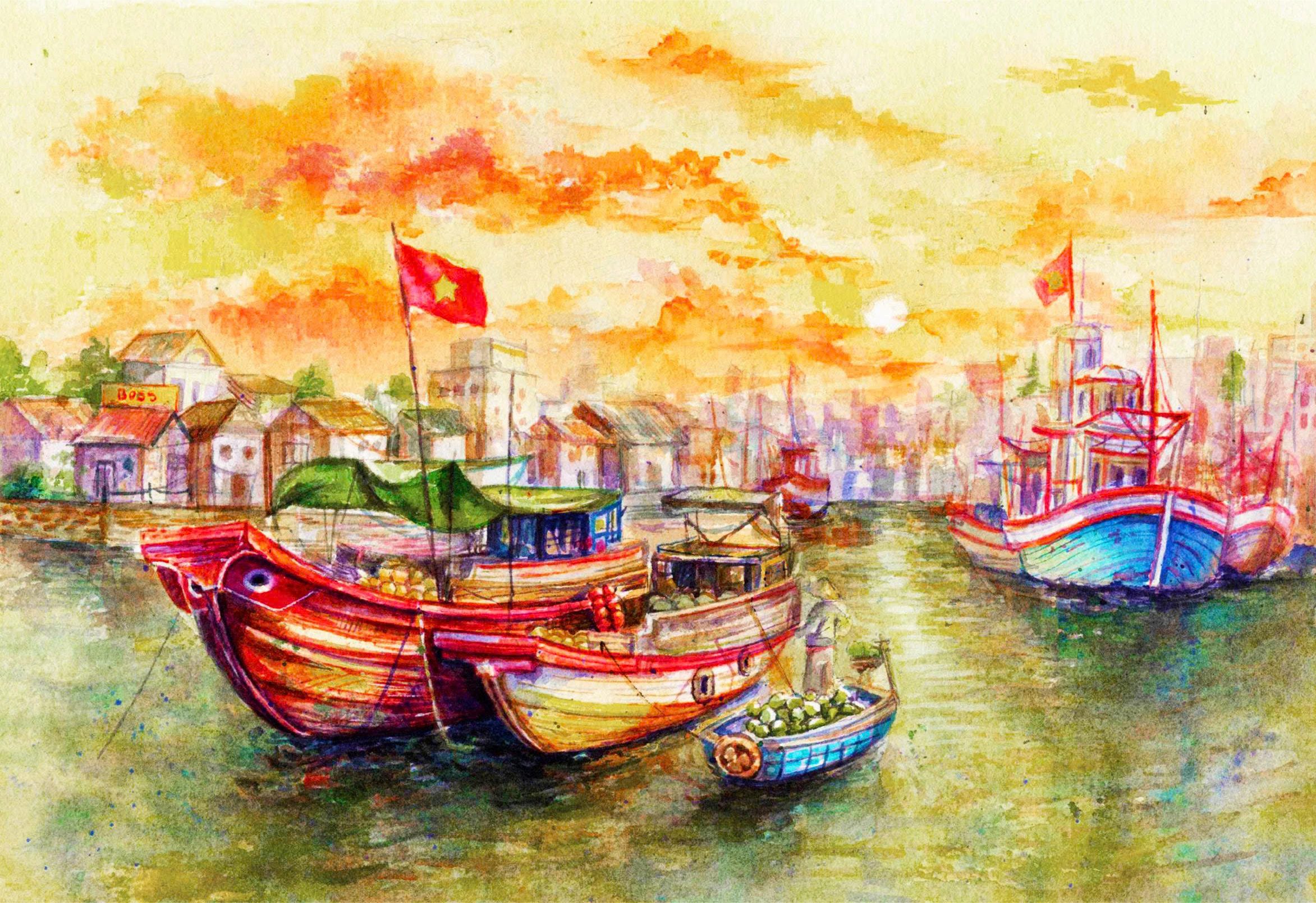 Postcard on Dó paper - Một góc chợ nổi