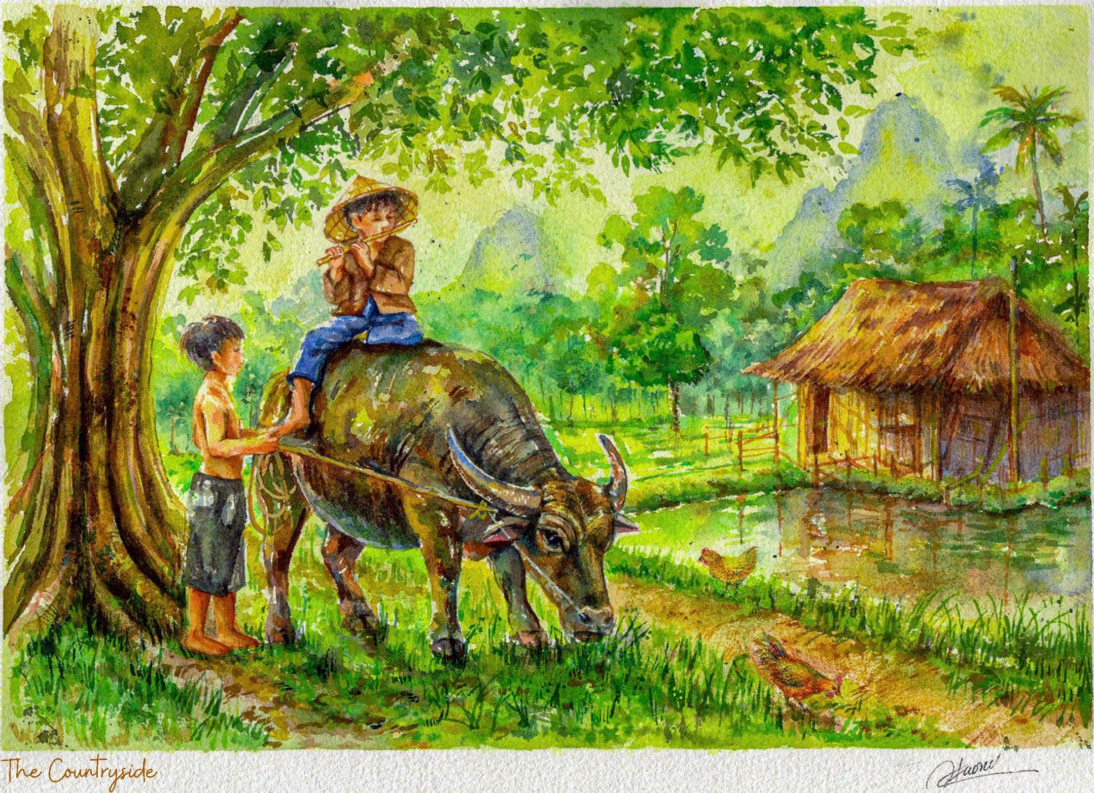 Poster on Dó lụa paper - Chăn trâu thổi sáo