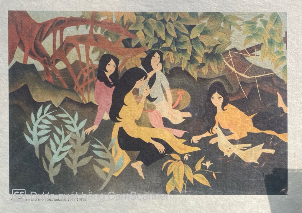 Poster on Dó lụa paper - Four women and two birds