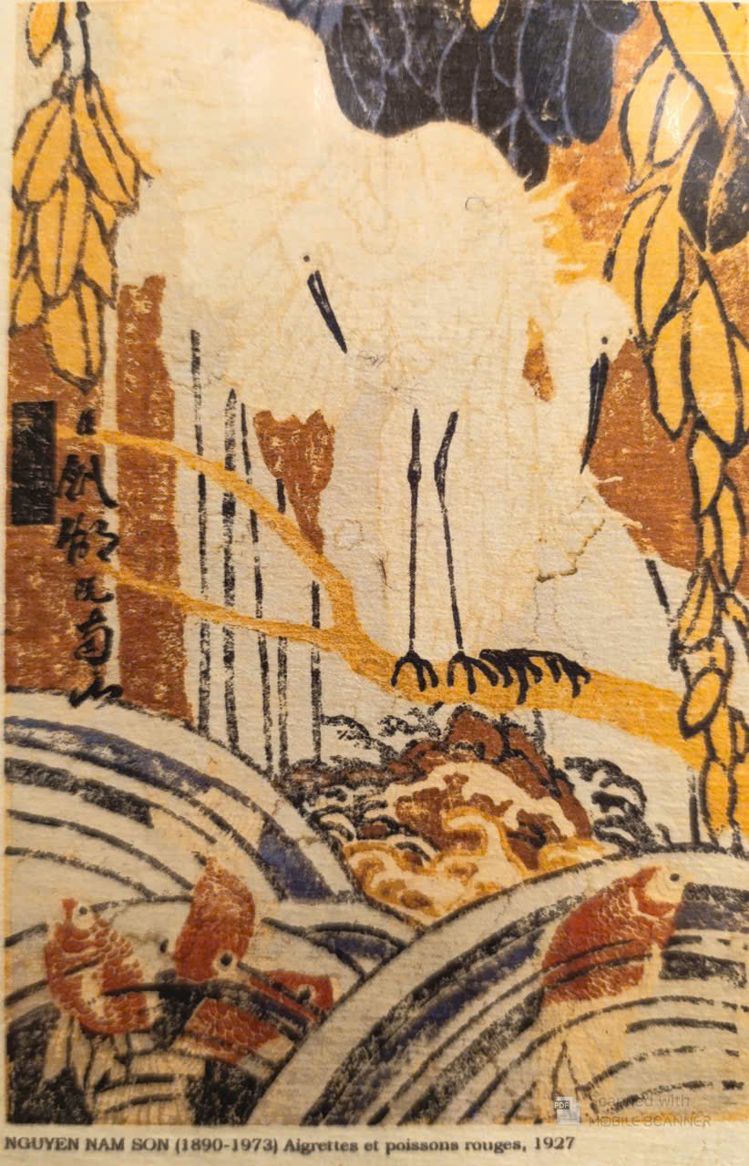 Poster on Dó lụa paper - Chim diệc và cá vàng - Hoạ sĩ Nguyễn Nam Sơn
