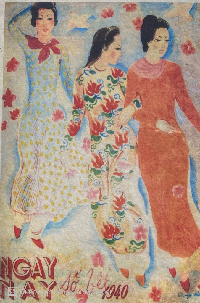 Poster on Dó lụa paper - Three young women in ao dai and three birds (Red) - Tô Ngọc Vân
