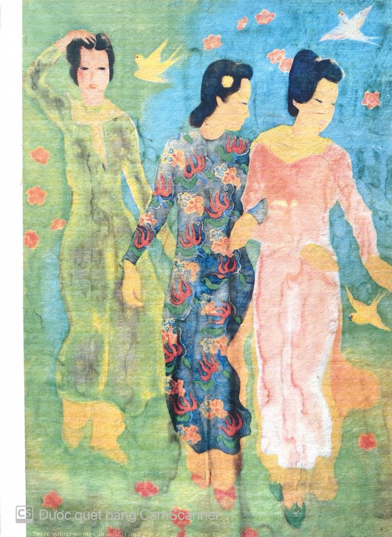 Poster on Dó lụa paper - Three young women in ao dai and three birds (Blue) - Tô Ngọc Vân