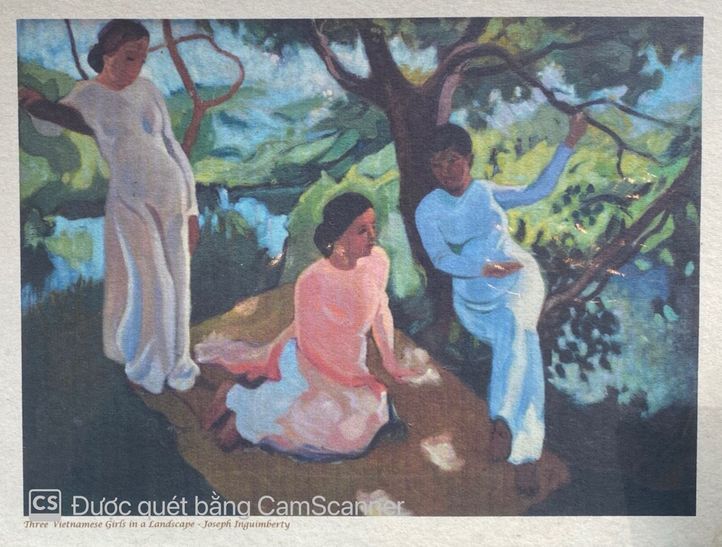 Poster on Dó lụa paper - 3 Vietnamese girl in a landscape - Joseph Inguimberty