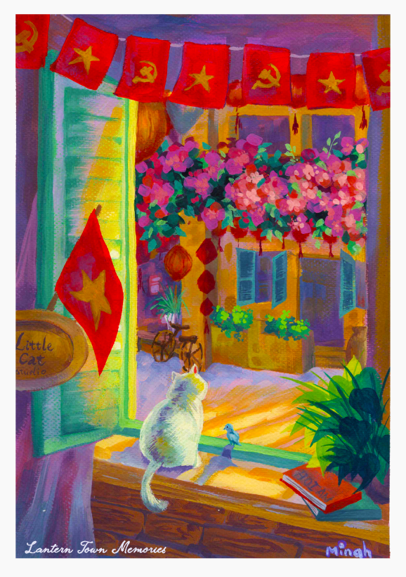 Poster on Dó lụa paper - hoài niệm phố đèn lồng