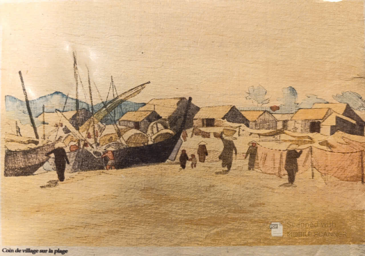 Poster on Dó lụa paper - Góc làng trên bãi biển