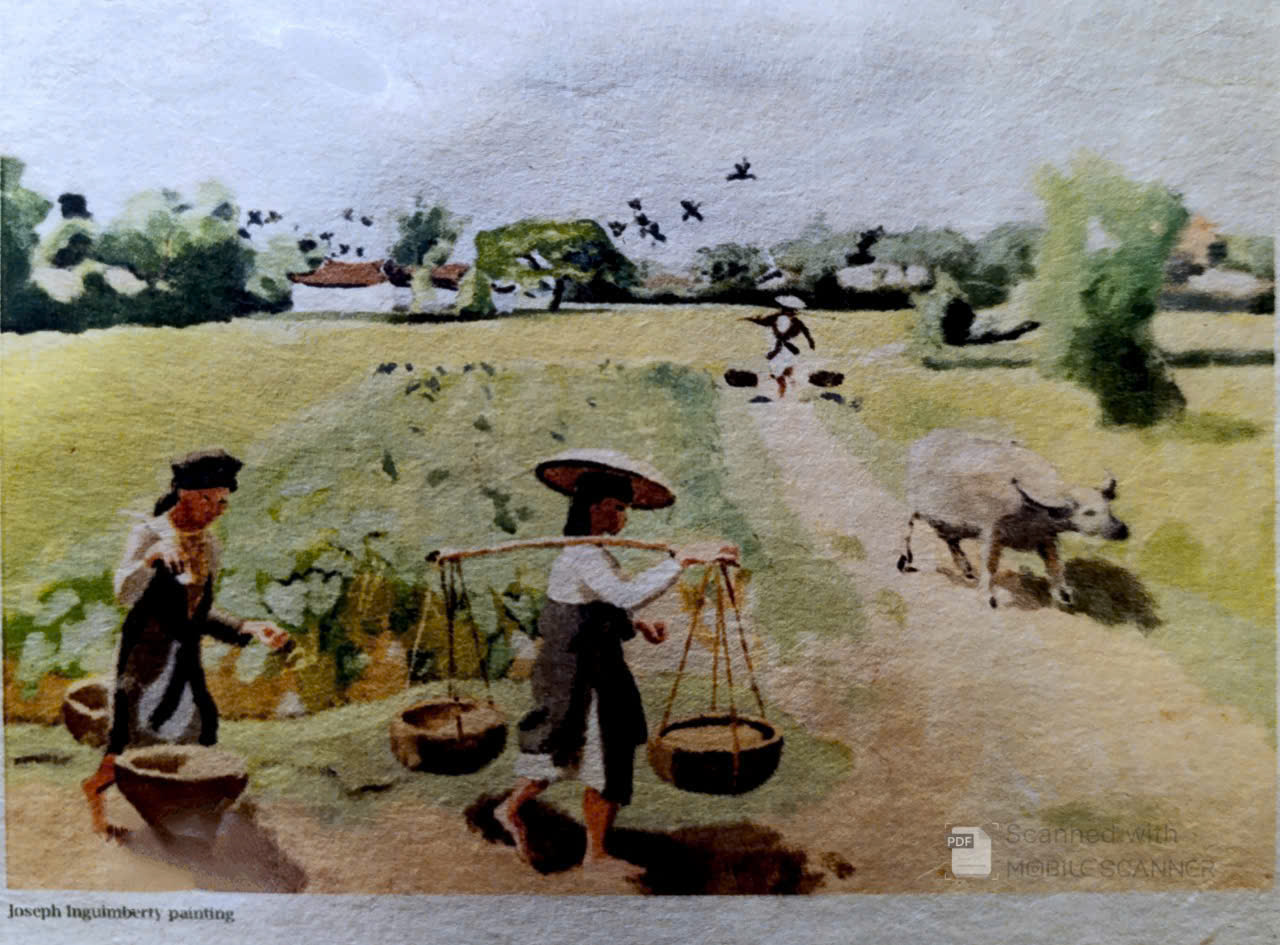 Poster on Dó lụa paper - Người gánh phân và trâu gần ruộng lúa