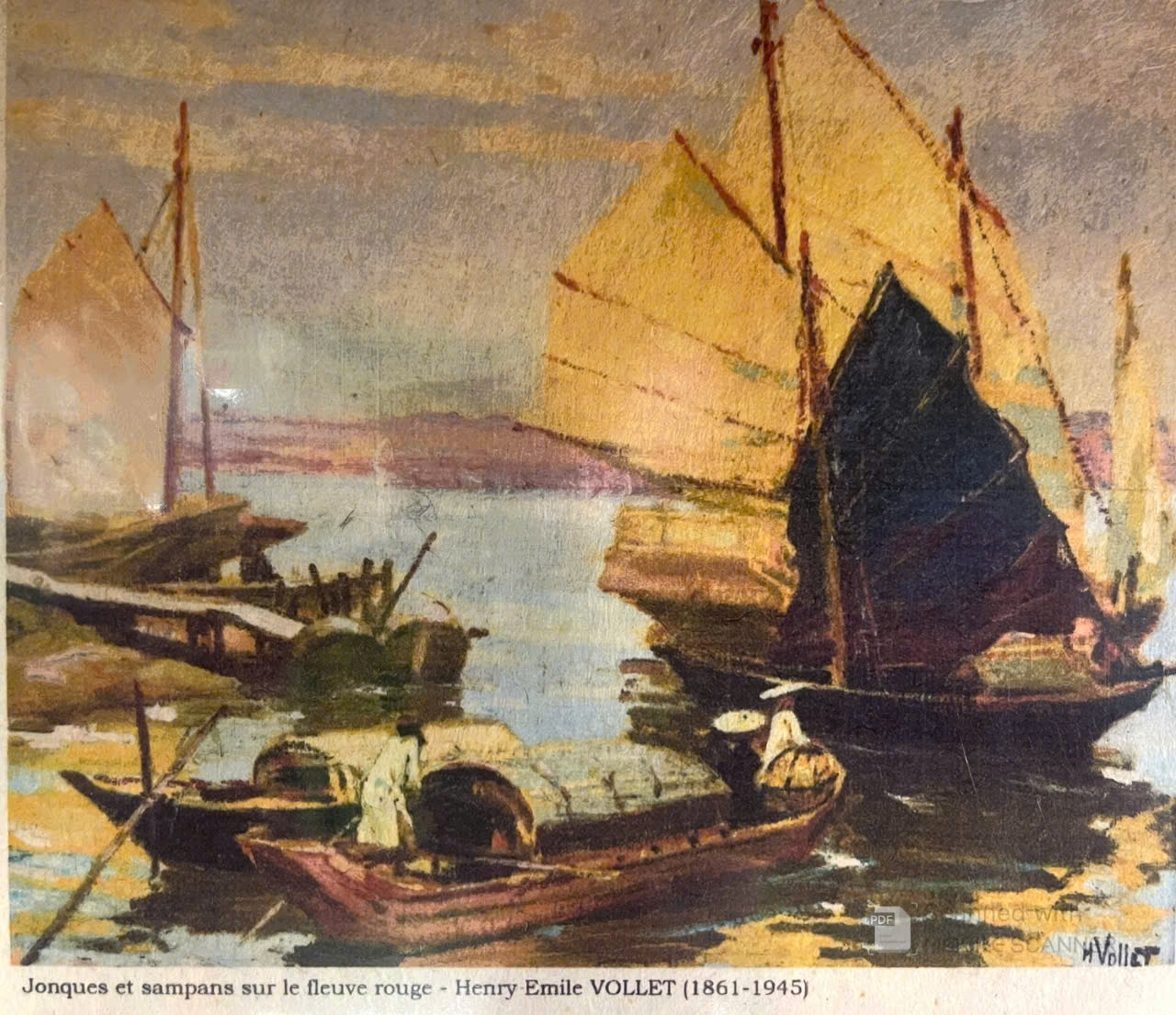Poster on Dó lụa paper - Thuyền buồm và thuyền tam bản trên sông Hồng