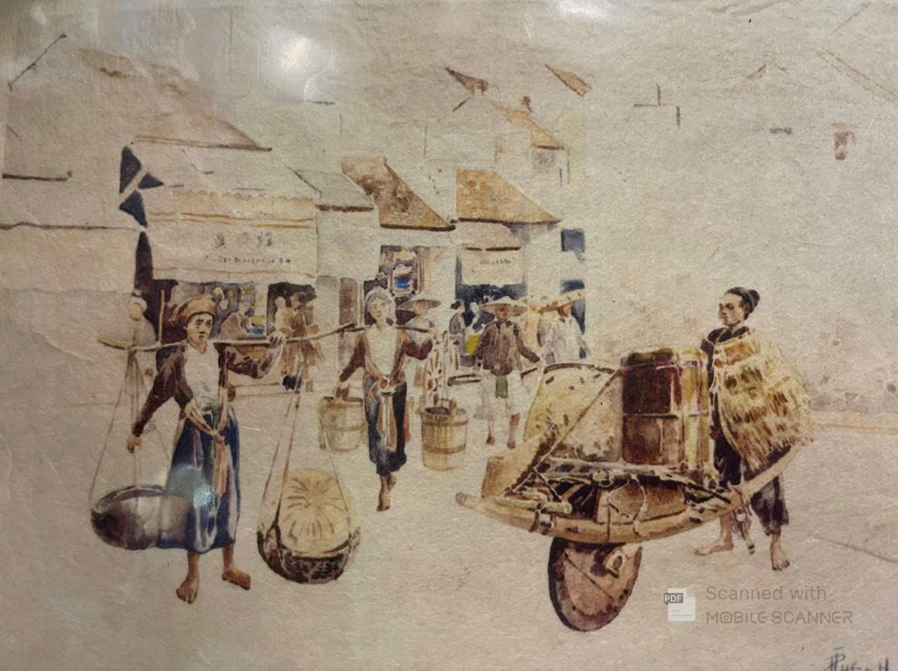 Poster on Dó lụa paper - Khung cảnh họp chợ trên một góc phố