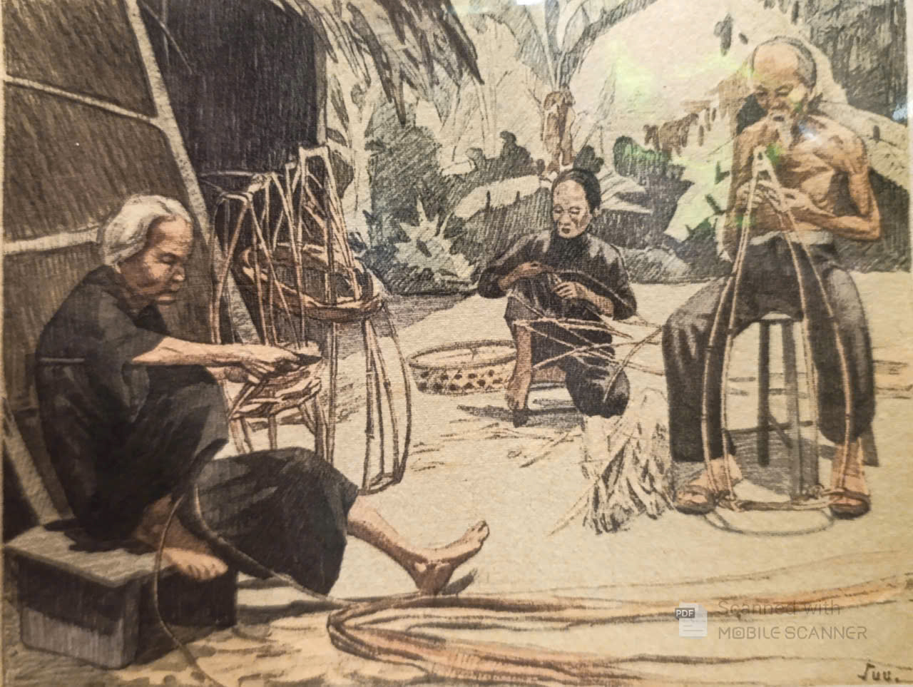 Poster on Dó lụa paper - Đan giỏ quang gánh