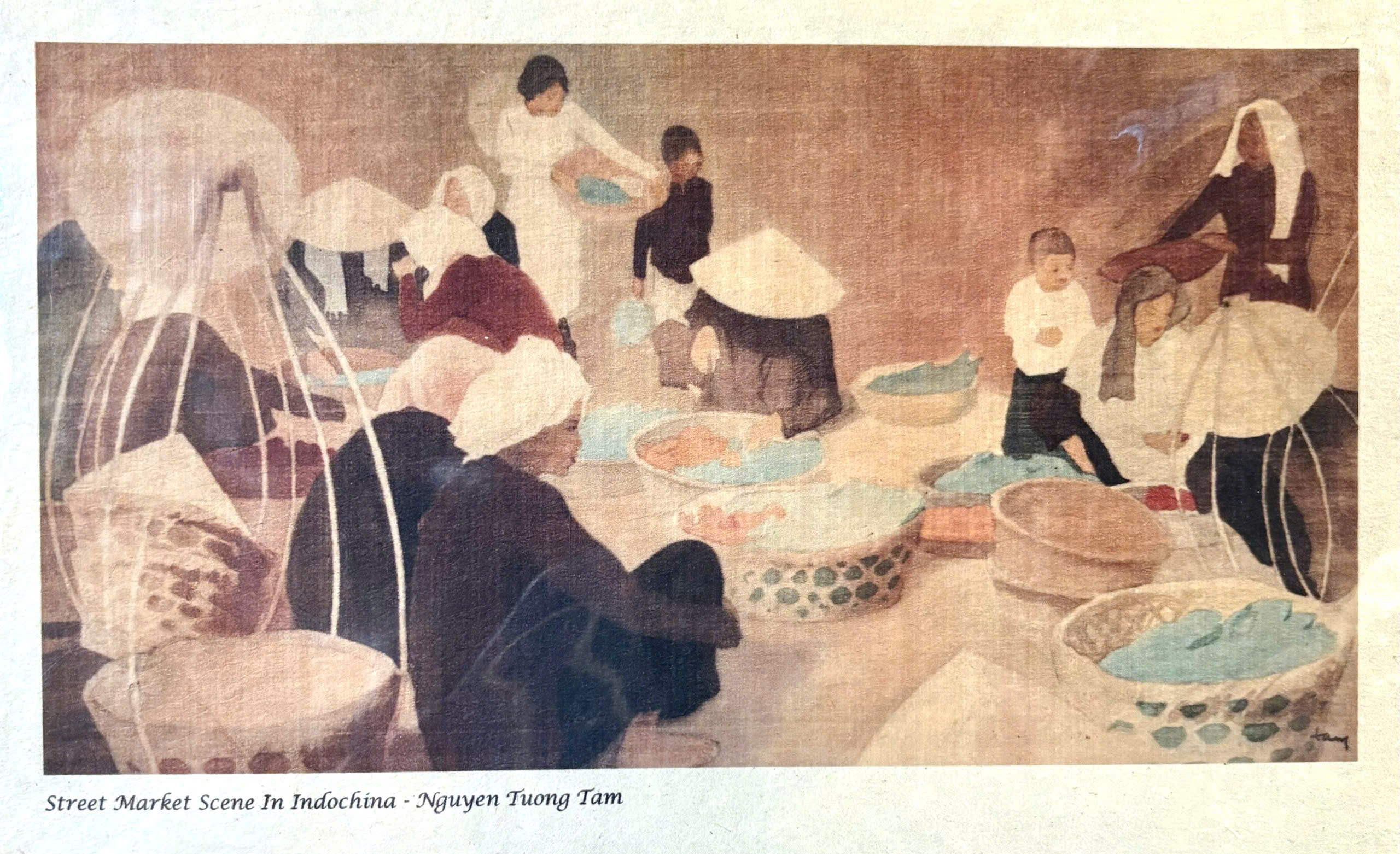 Poster on Dó lụa paper - Street market scene in Indochine - Nguyễn Tường Tam