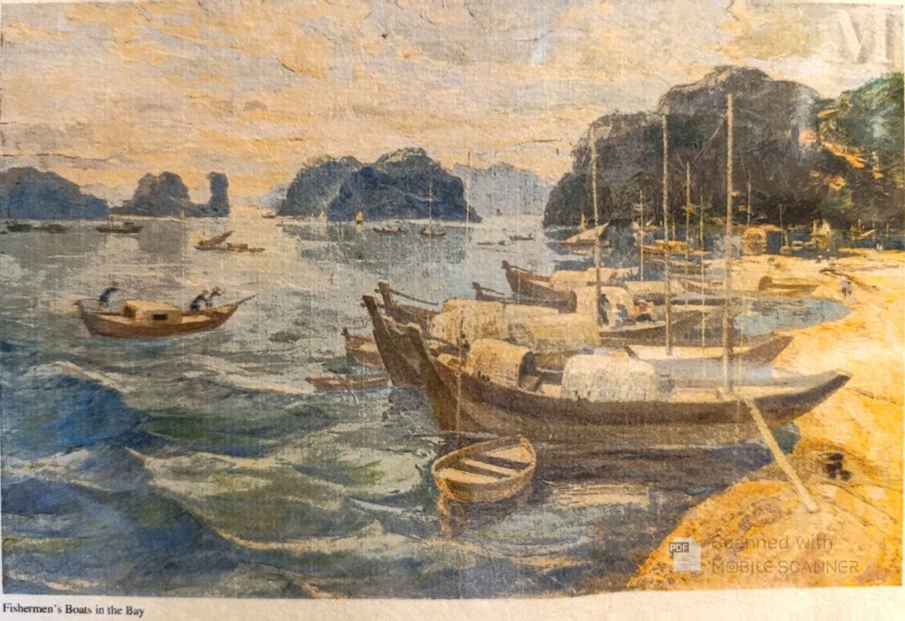 Poster on Dó lụa paper - Thuyền của ngư dân ở vịnh biển