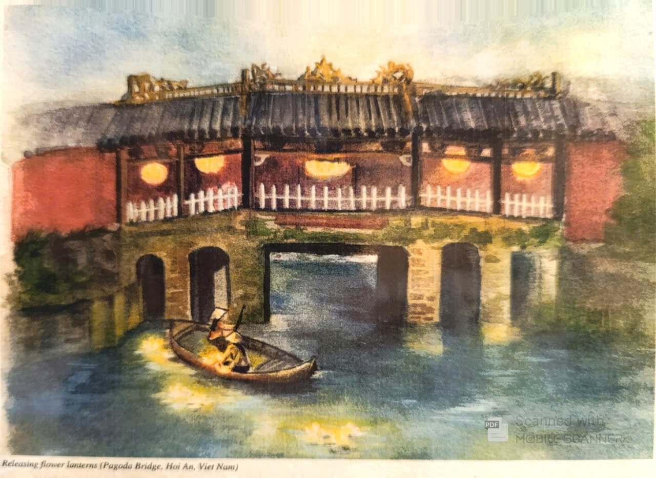 Postcard on Dó paper - Chùa cầu Hội An (hoa đăng)