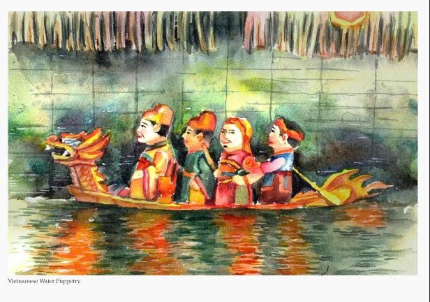 Postcard on Dó paper - Múa rối nước Việt Nam