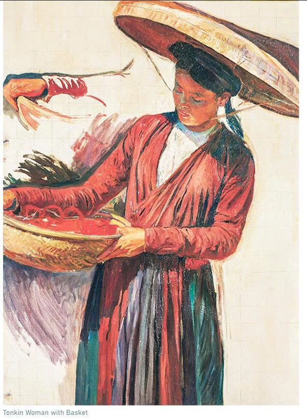 Postcard on Dó paper - Tonkin Women with a basket