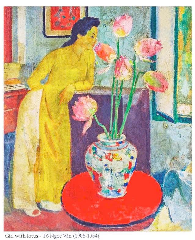 Postcard on Dó paper - Thiếu nữ với bình hoa sen