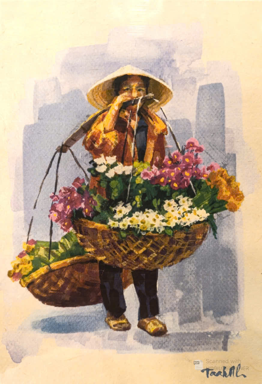 Postcard on Dó paper - Theo gánh hoa đi