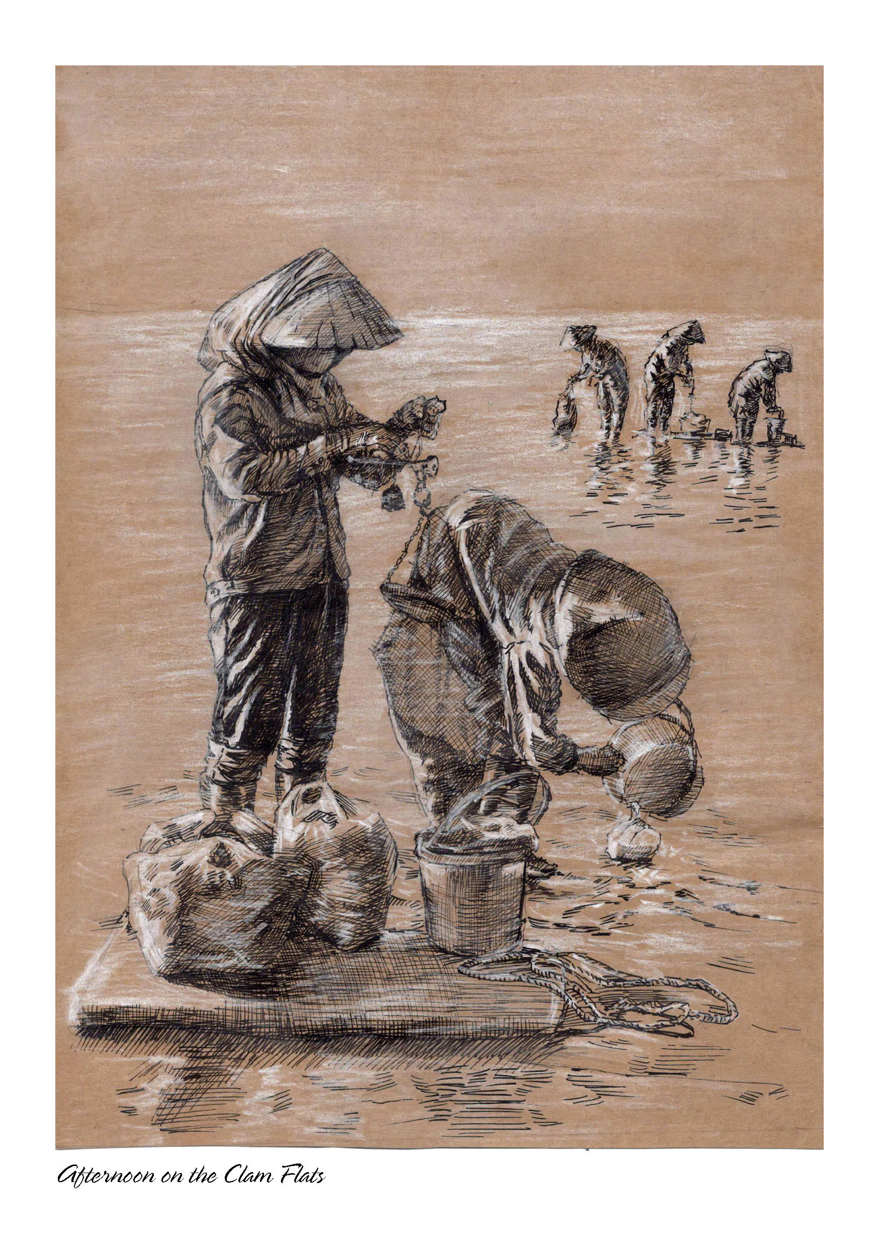 Poster on Dó lụa paper - Buổi chiều trên bãi ngao