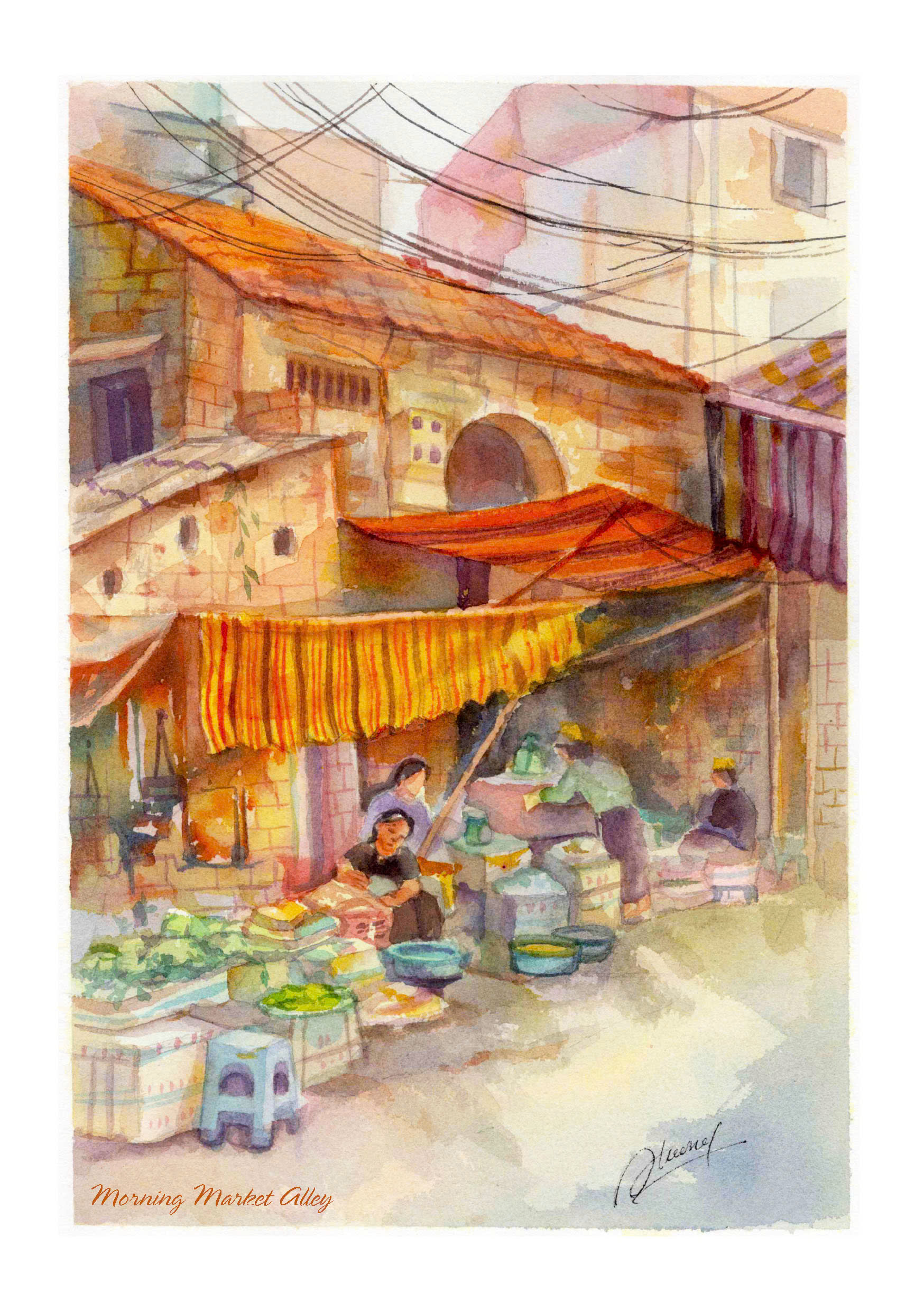 Poster on Dó lụa paper - Họp chợ sớm mơi